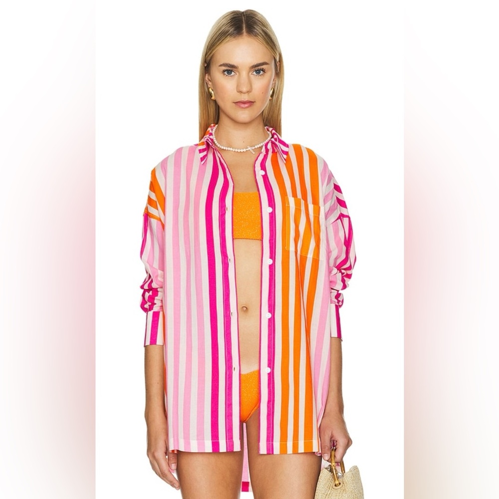 Beach Riot Alexa Coverup Button Down In Sunset Stripes Pink/Orange Size L/XL
